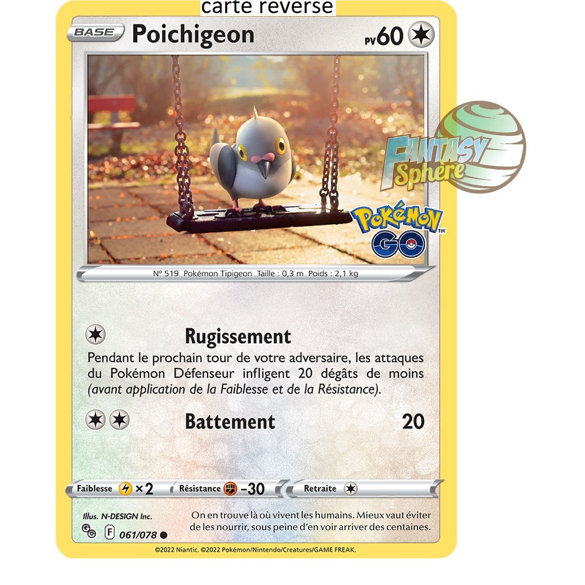 Poichigeon - Reverse 61/78 - Epee et Bouclier 10.5 Pokemon GO